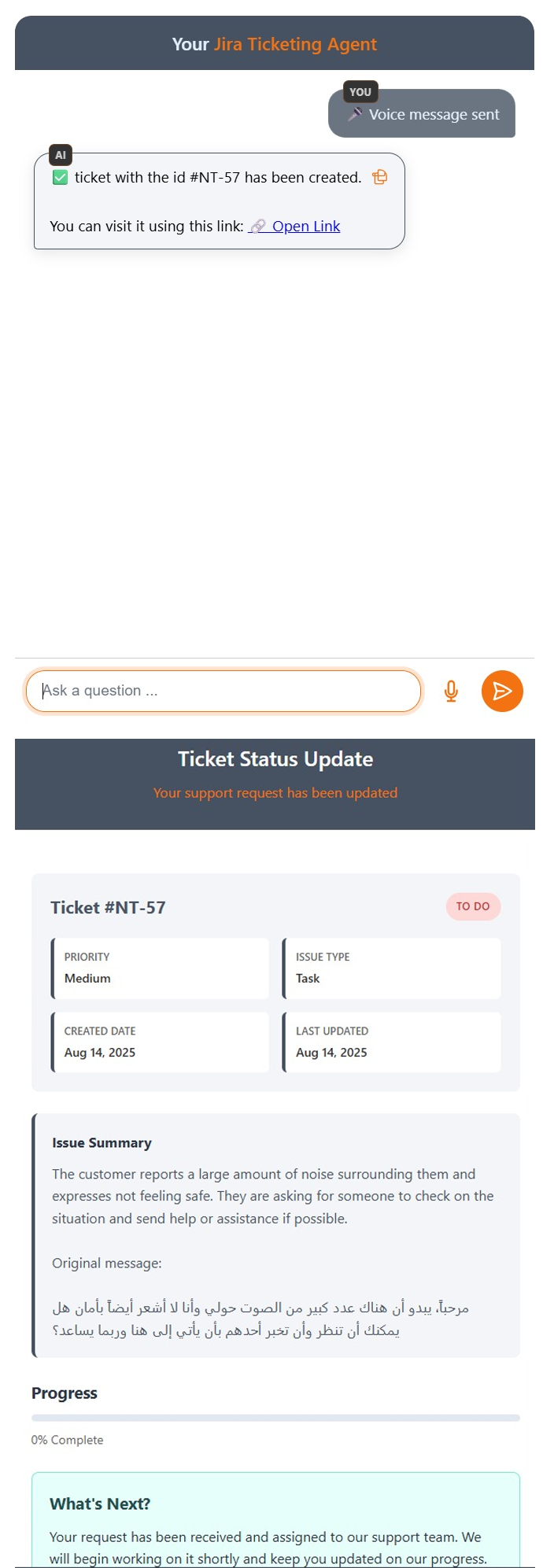 Arabic Speech & Call Support with AI + Ticketing System